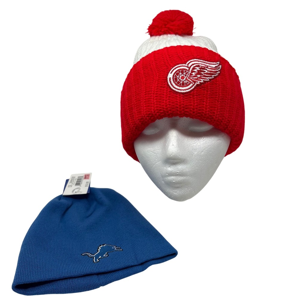 Detroit Red Wings & Lions Beanie Hat Bundle NWT Vintage NHL NFL‎ Winter